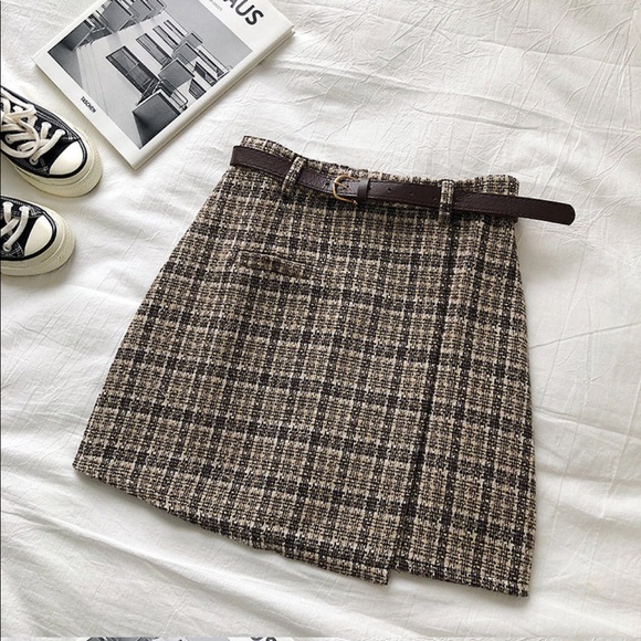 yesstyle Dresses & Skirts - belted asymmetrical plaid high waist a line skirt